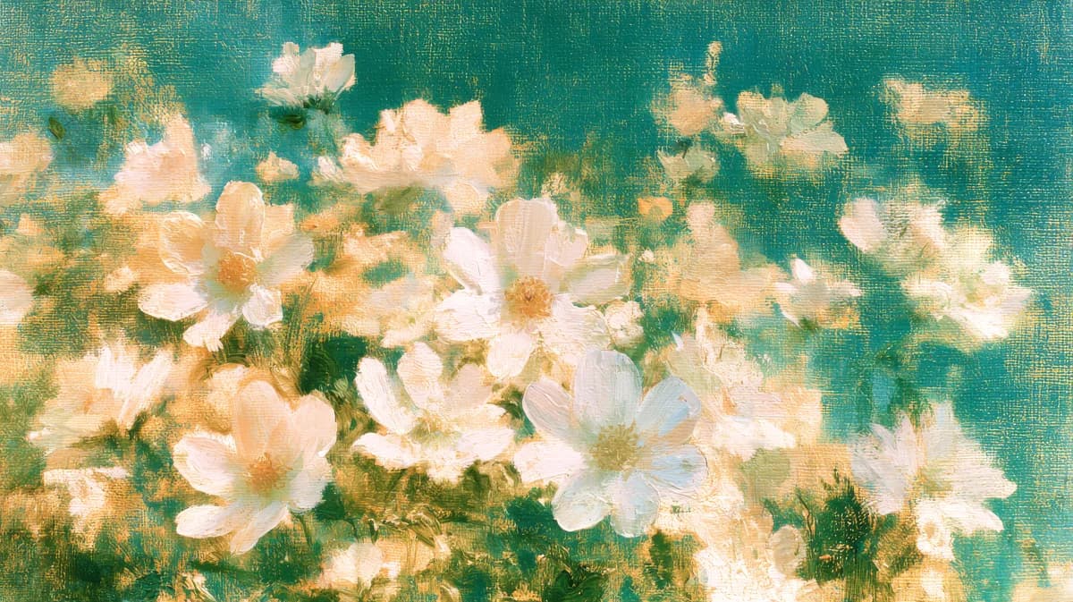 Viridian — White and cream flowers with yellow centers on teal green background, soft impressionistic style