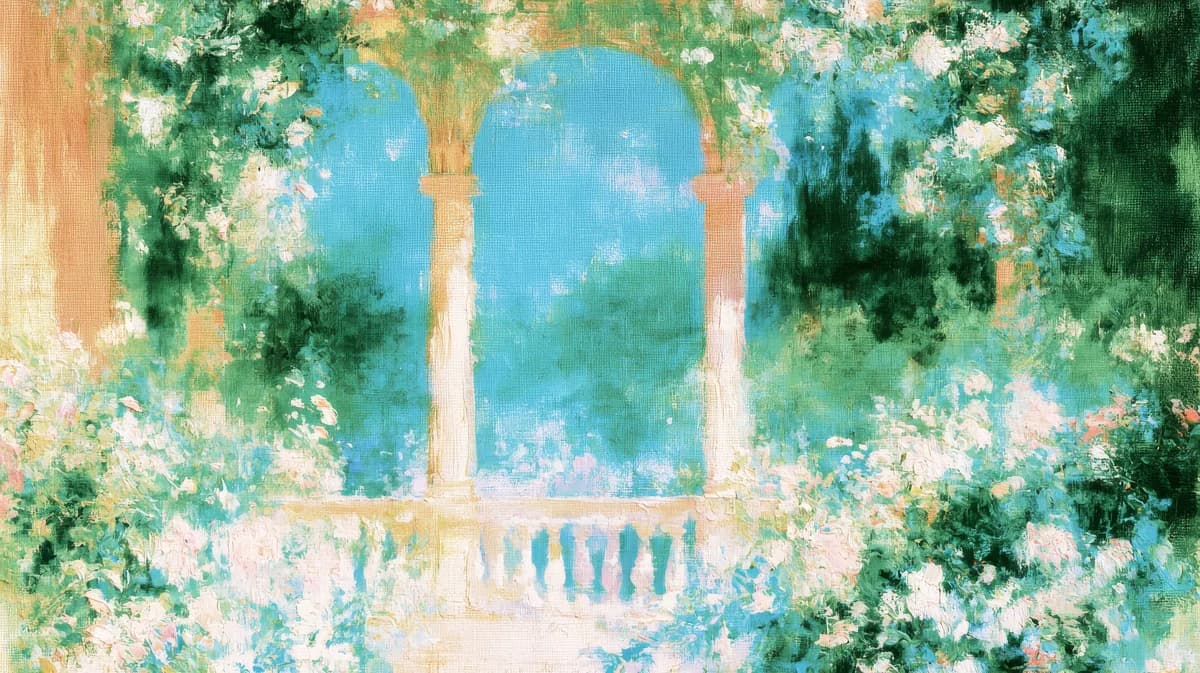 Viridian — Lush garden archway with flowering vines, turquoise sky, classical balustrade, soft natural light
