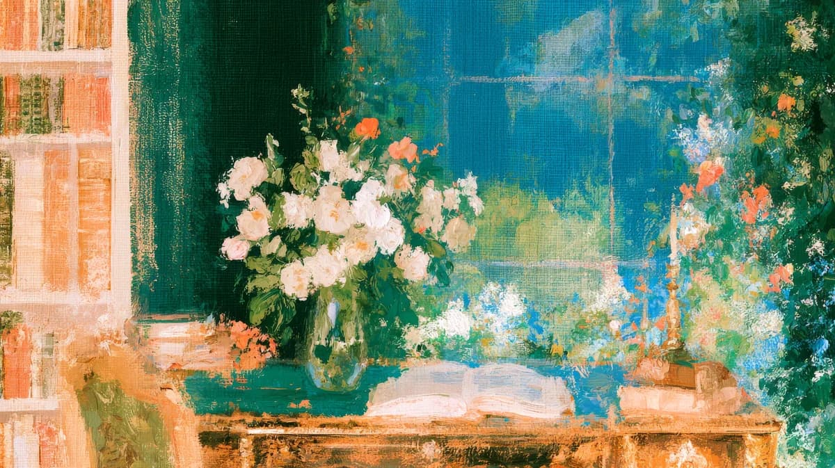 Viridian — Impressionist garden scene with white and pink flowers, blue wall, weathered brick, lush green foliage
