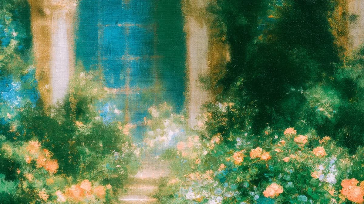 Viridian — Lush garden pathway with orange flowers, green foliage, and turquoise water feature, soft natural light