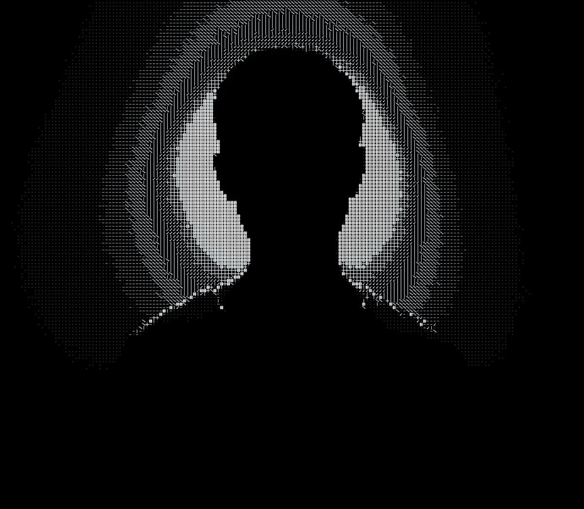 ASCII, Dithered halftone silhouette of a head and shoulders ringed by a faint grey halo on black