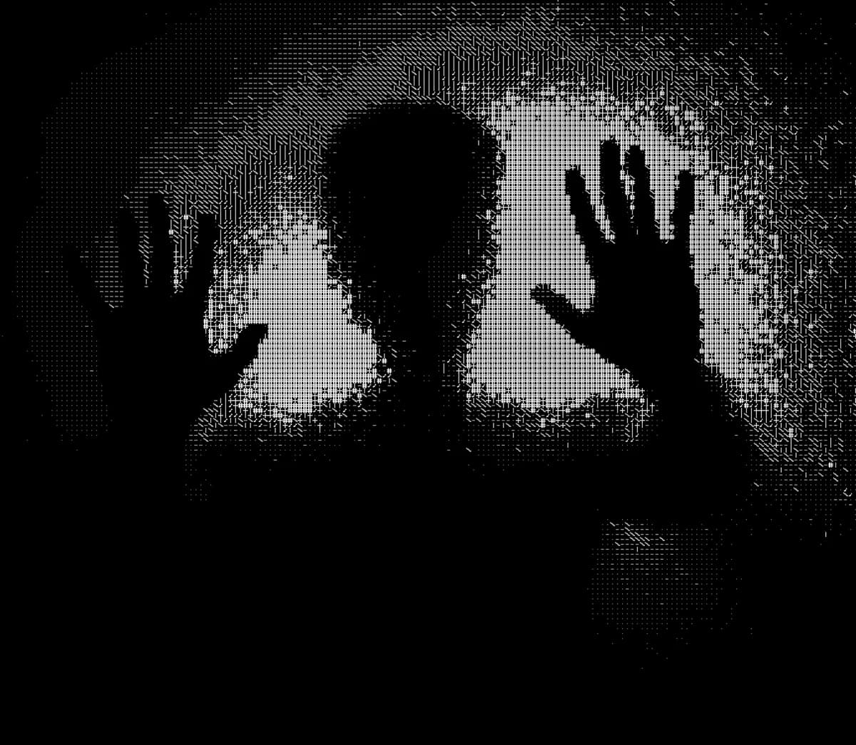 ASCII, Grayscale dotted silhouette of a figure pressing both hands against frosted glass
