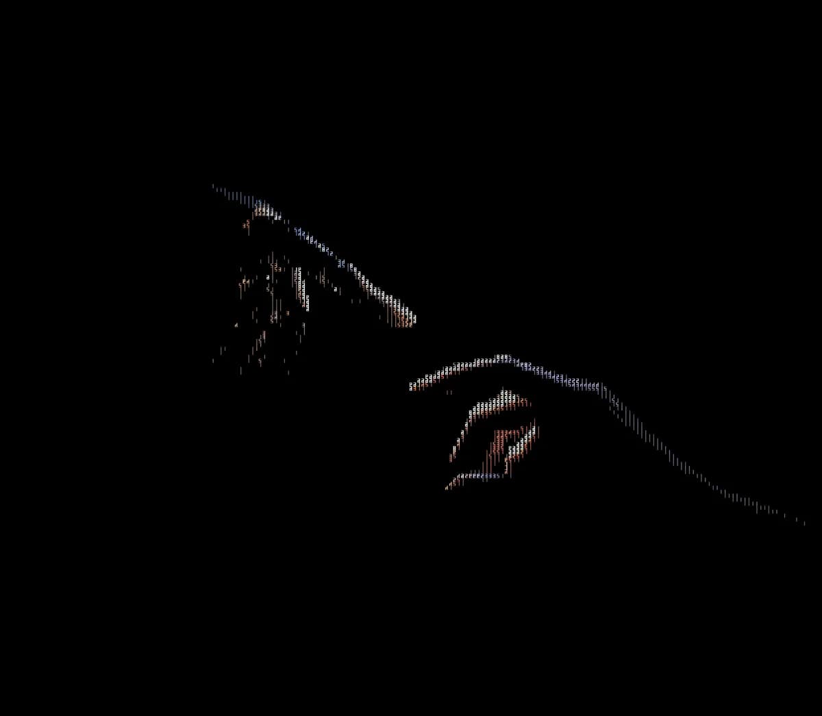 ASCII, Sparse ASCII characters forming a hand and reaching finger in faint blue, rust and white on black