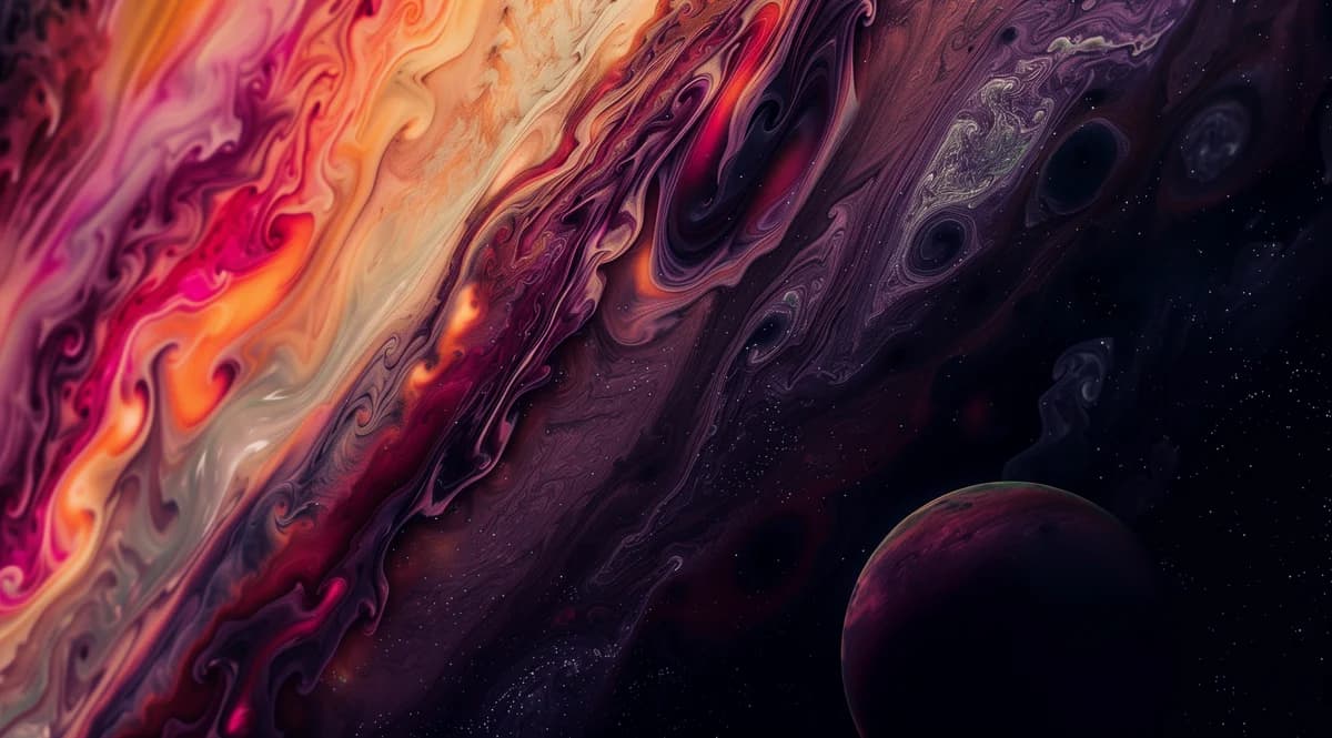 Dreamor, Gas-giant planet with swirling coral, magenta and cream paint-pour bands in starry space