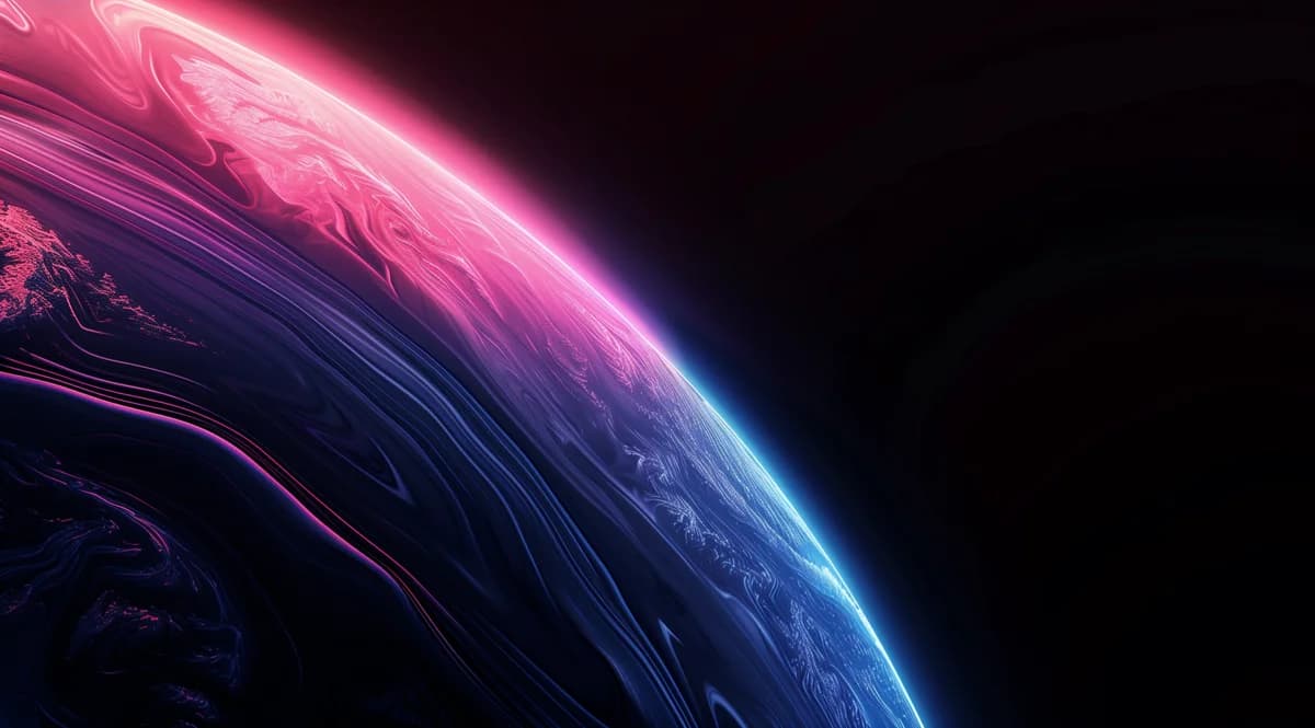 Dreamor, Curved edge of a planet glowing hot pink above marbled indigo against black space