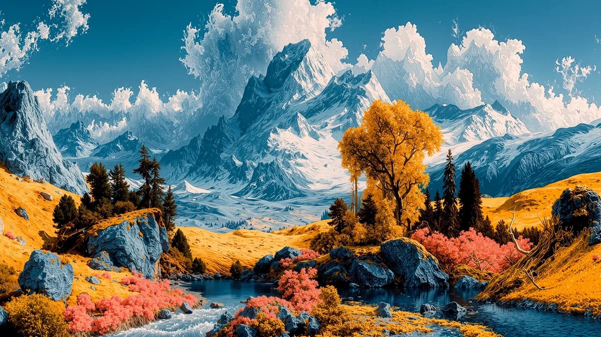 Elysian, Surreal valley of golden meadows and pink foliage below snow-capped peaks and turquoise sky