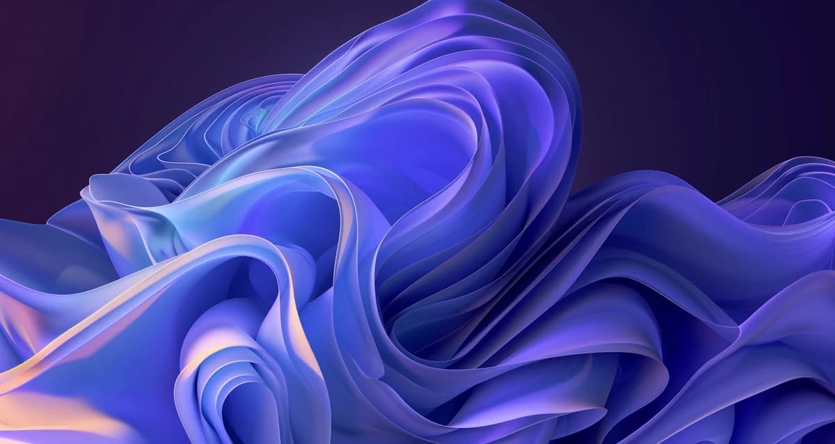 Flora, Glossy 3D periwinkle blue fabric folds with peach highlights on plum