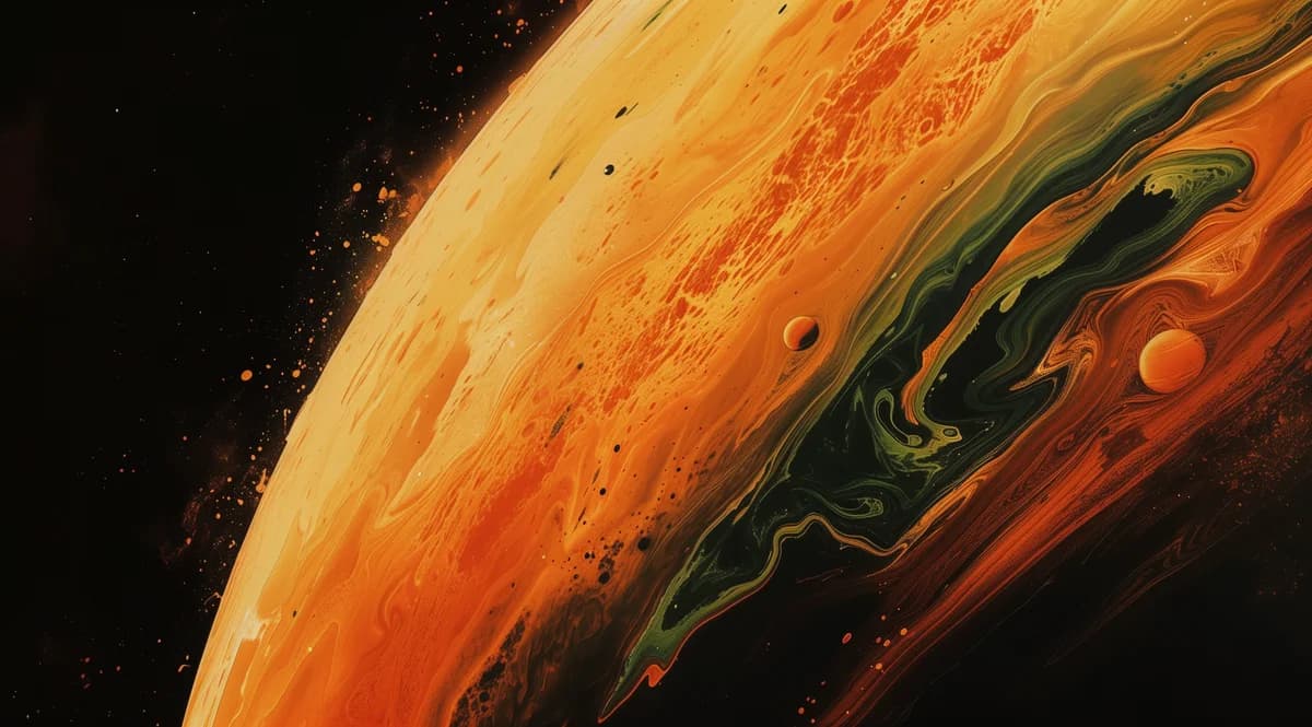 Horizon, Surreal liquid planet edge in orange and amber with a green swirl in black space