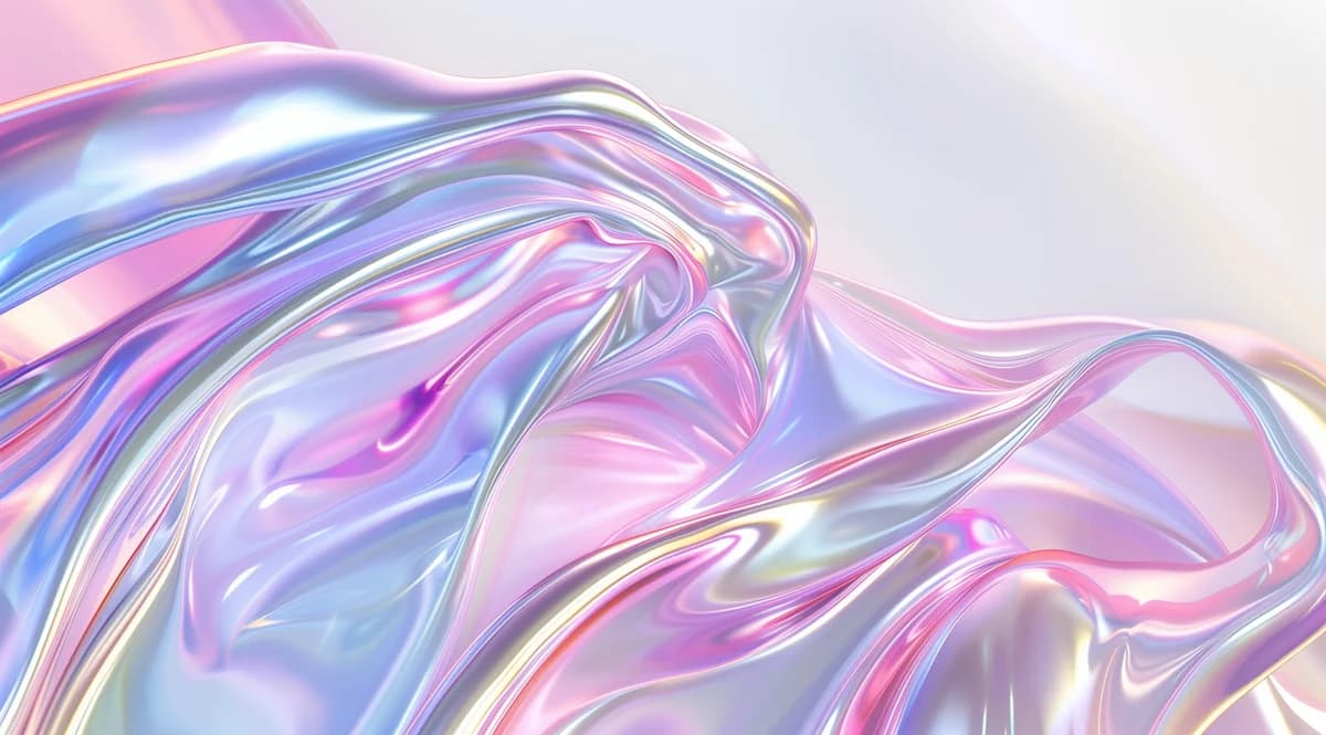 Iridescence, Glossy holographic draped folds in pink, lilac and silver on a light background