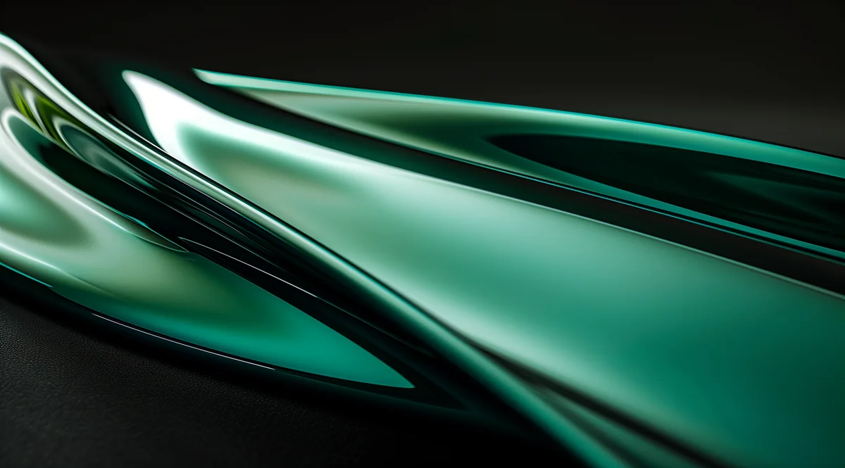 Nebuluxe, Sleek teal chrome blade-like forms with smooth gradients on a dark surface