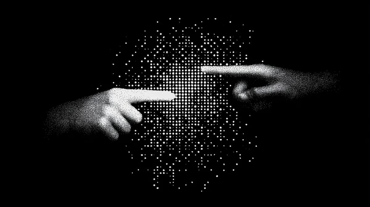 Nocturne, Two stippled white hands with index fingers nearly touching, formed from dots on black