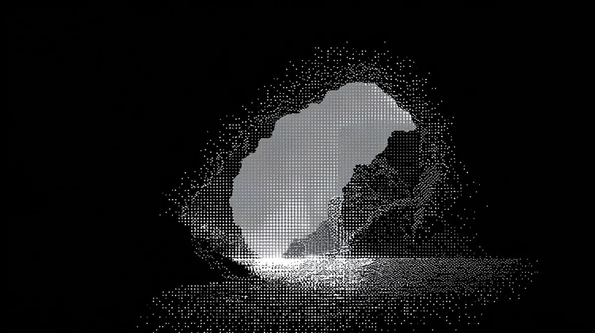 Nocturne, Craggy island shape built from pale stippled dots glowing above black, light burst at base