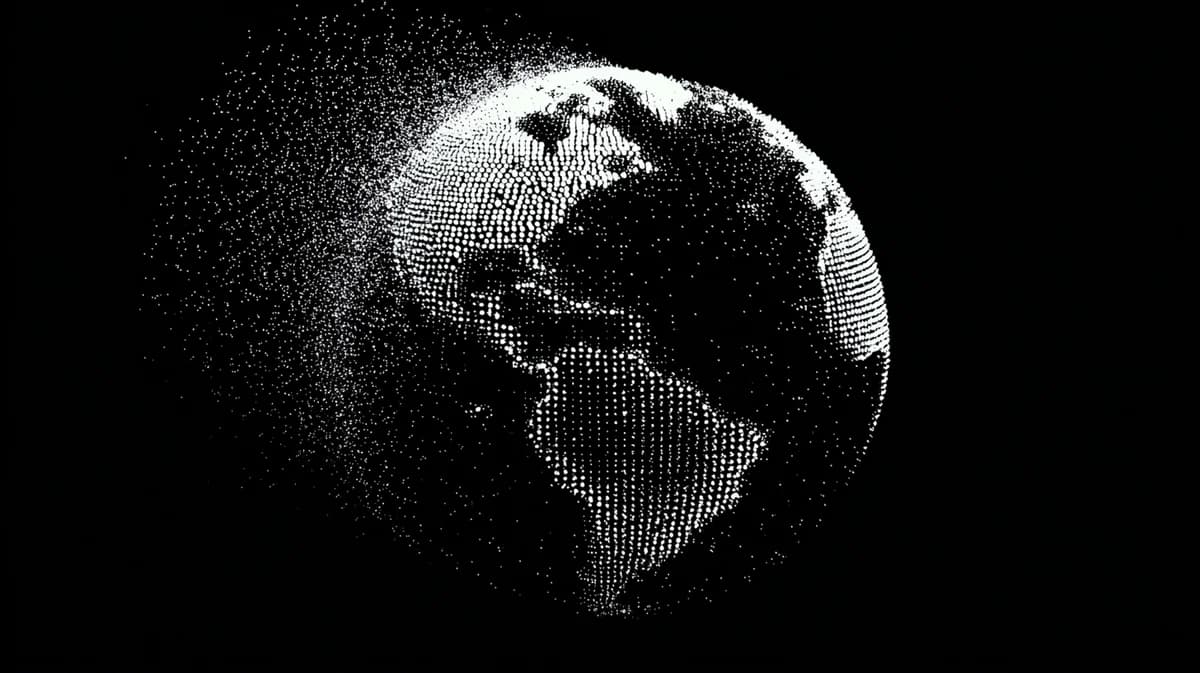 Nocturne, Globe of white dots showing the Americas on black, particles trailing off the left edge