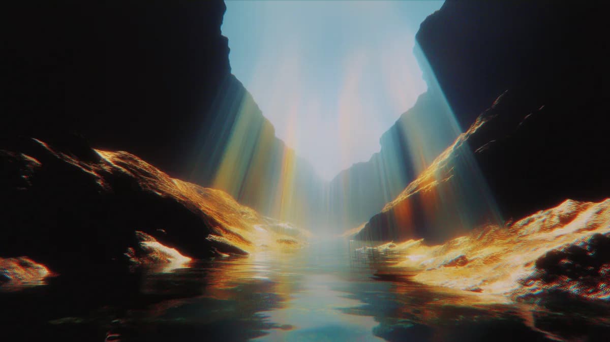 Perplex, Narrow canyon with golden glowing rock walls and light beams streaming onto calm water