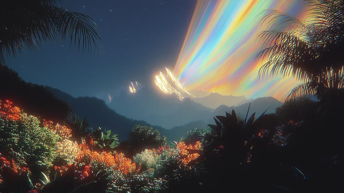 Perplex, Twilight jungle silhouette with mountains and iridescent rainbow streaks across deep blue sky