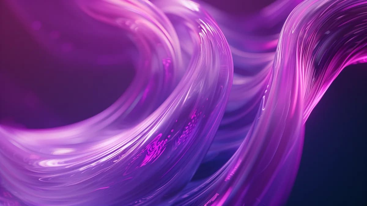 Prismal, Glossy violet and magenta liquid ribbons swirling in smooth waves on dark navy