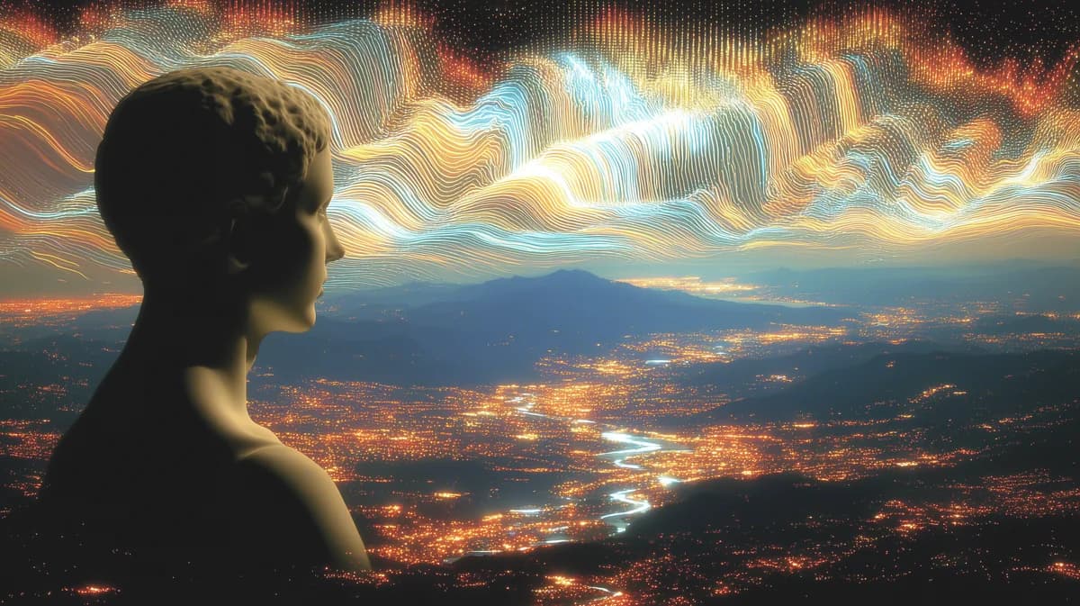 Reverie, Silhouetted profile gazes over a glowing nighttime valley beneath wavy striped clouds
