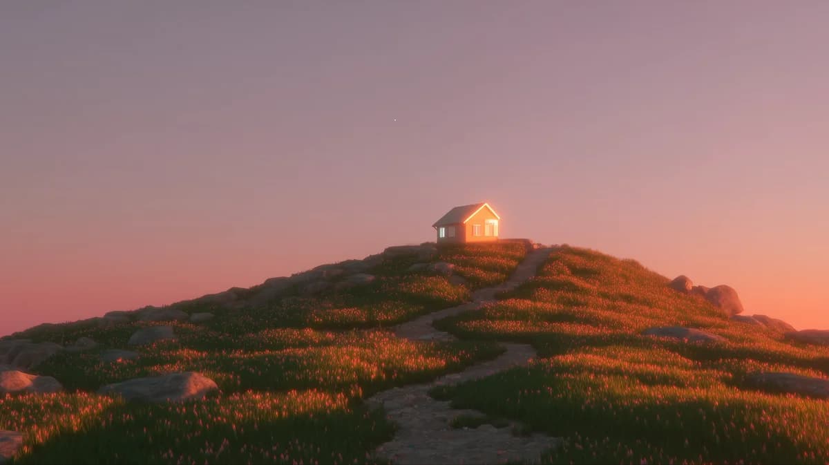 Serenox, Glowing cabin on a grassy hilltop at dusk under a soft pink sky