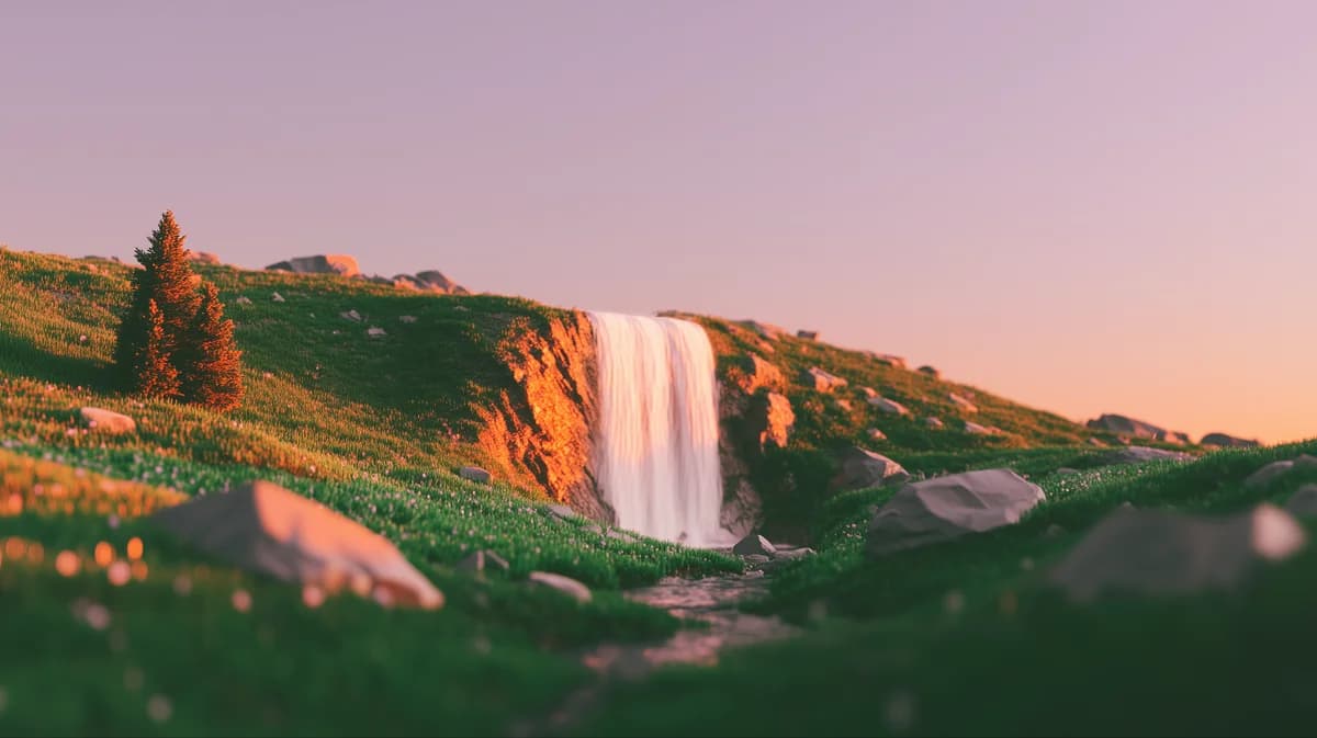 Serenox, Waterfall spilling down a green hillside at golden hour under a pink sky