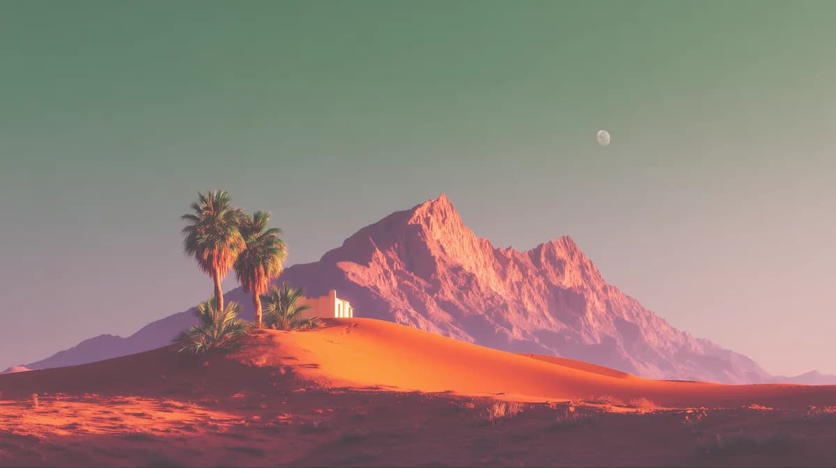 Serenox, Palms and a small white house on an orange dune below a pink-lit mountain