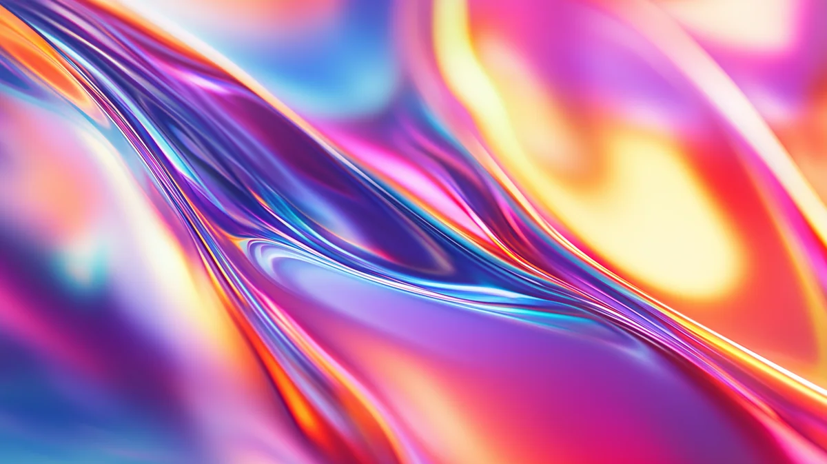 Swirl, Glossy liquid waves in vivid pink, purple, blue, and orange iridescent swirls
