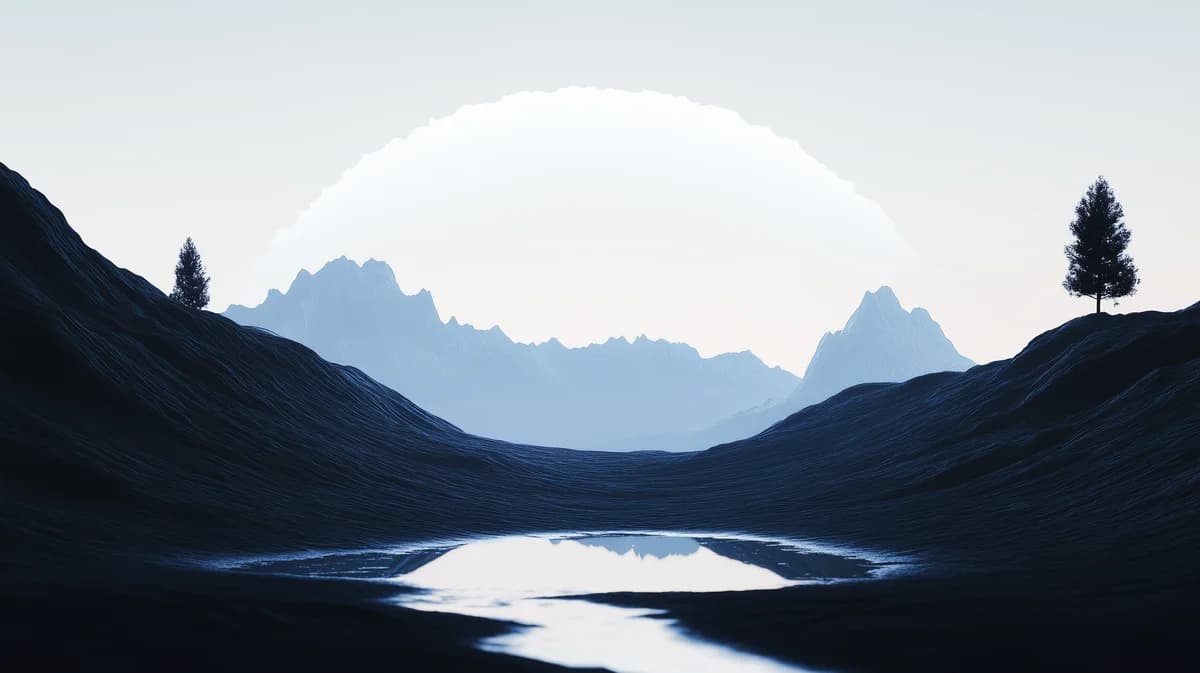 Velvex, Minimalist dark slate-blue 3D valley with silhouetted peaks, pale sky and mirror lake