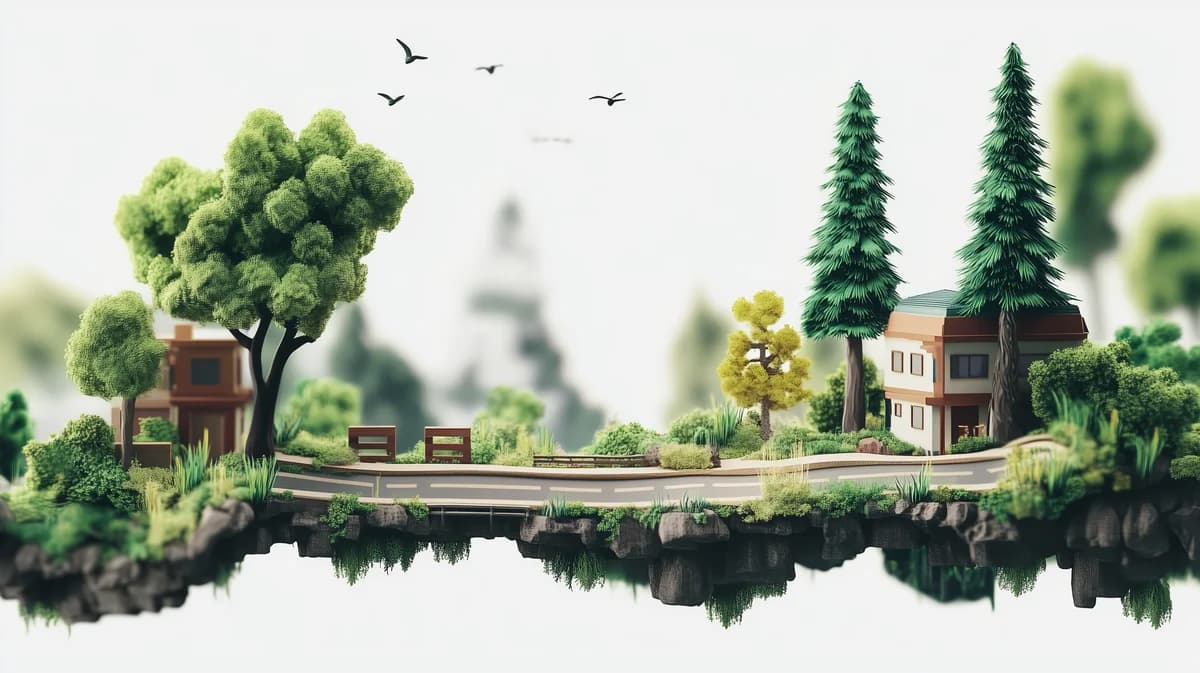 Velvex, Tiny floating diorama of green trees, small houses and a winding road on white