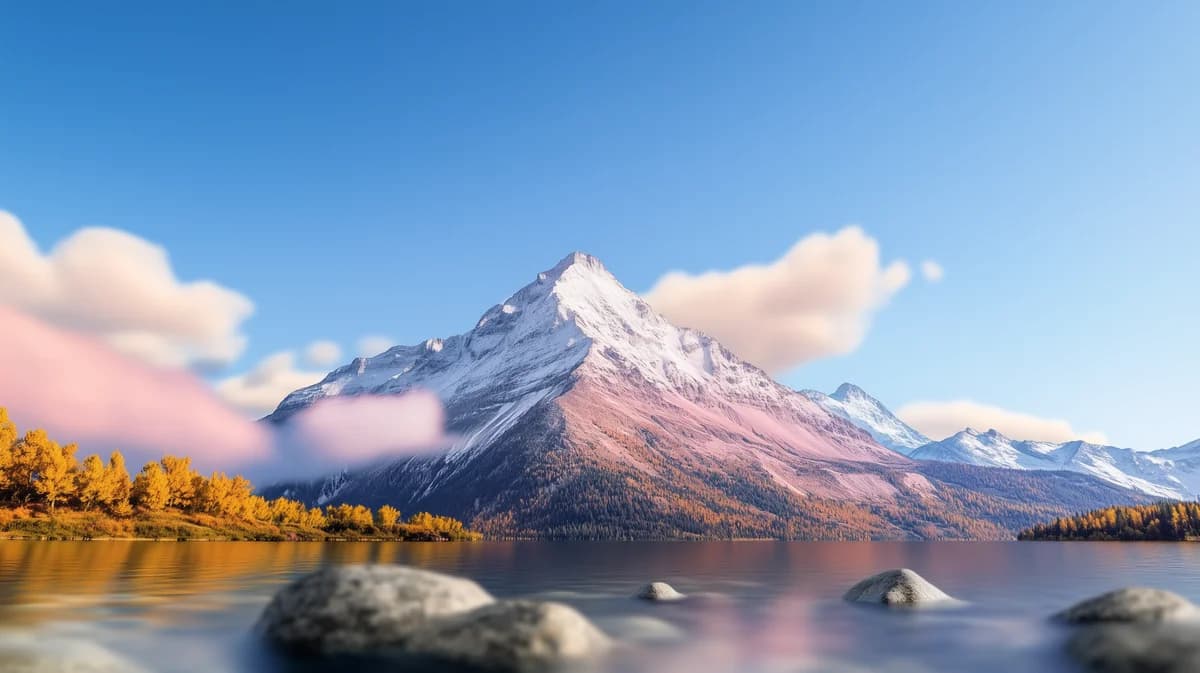 Velvex, Snow-capped pink-tinged peak above a calm lake, golden autumn trees and clear blue sky