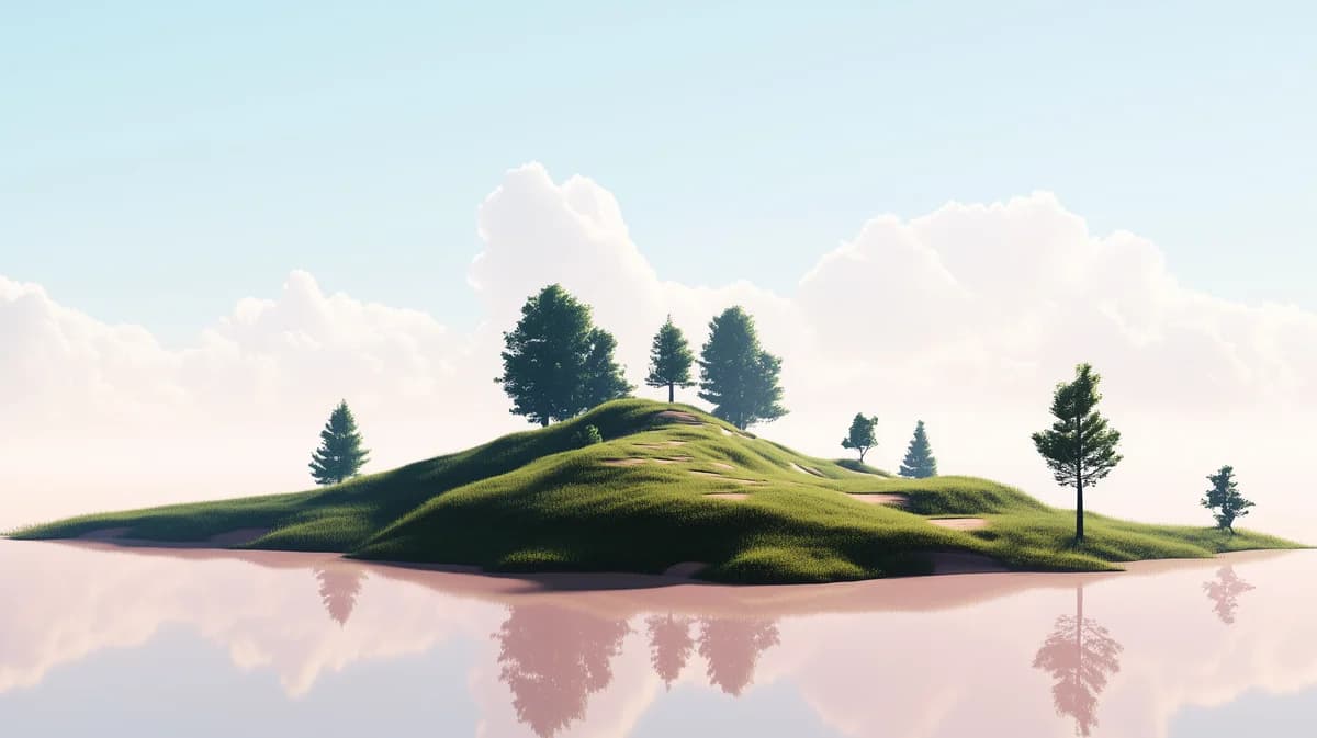 Velvex, Soft grassy hilltop island floating above pastel water with mirrored reflection and clouds