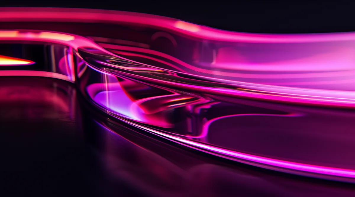Velvoura, Glossy hot-pink and magenta liquid chrome waves flowing across a dark background