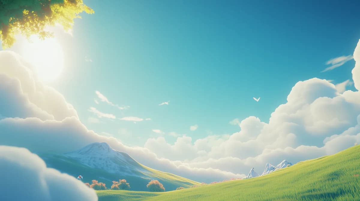 Zephyr, Sunlit green hillside under a vast blue sky with glowing sun and towering clouds
