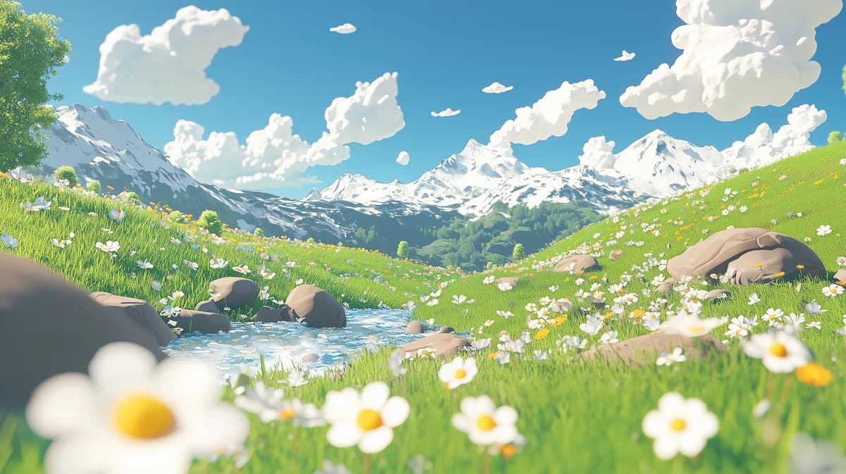 Zephyr, Anime alpine meadow with white daisies, a stream, rocks and snowy mountains