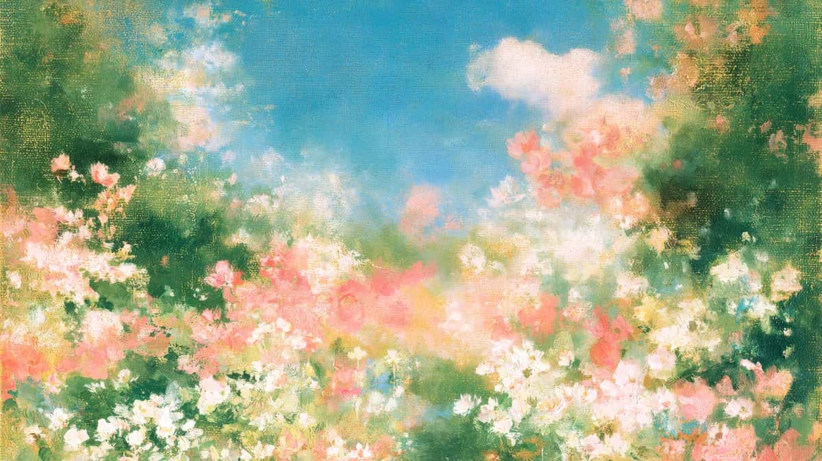 Lush garden scene with pink, white, and green flowers under bright blue sky with clouds