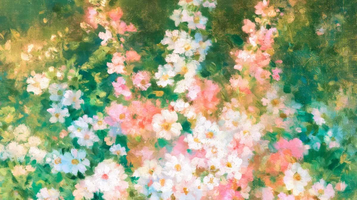 Lush garden of pink, white, and cream daisies with green foliage, soft natural lighting