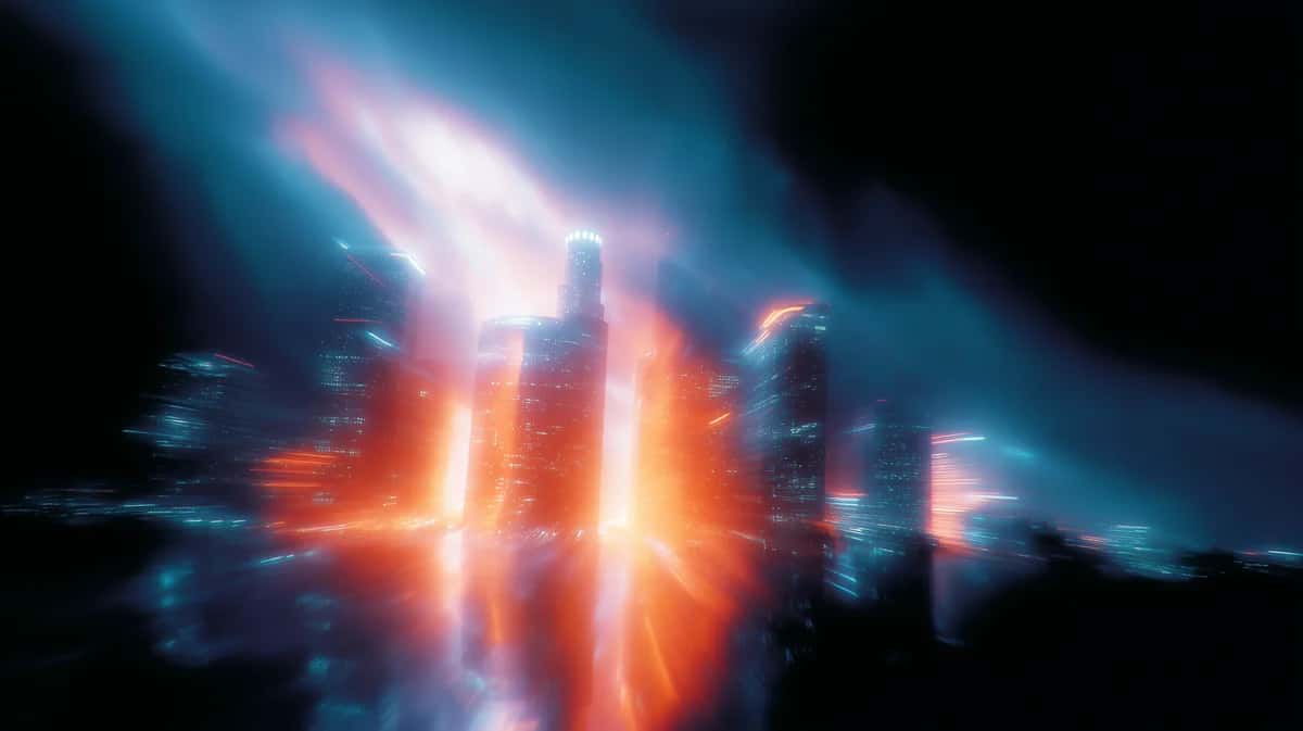 Abstract energy burst with glowing orange and blue light rays on dark background
