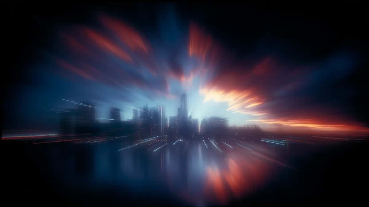 Abstract cityscape silhouette with radiant light burst, blue and orange glow, motion blur effect