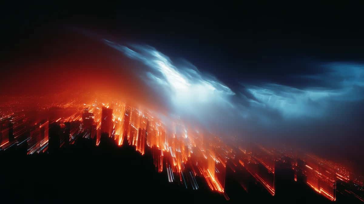 Dramatic volcanic landscape with glowing lava flows, stormy sky, and blue-white light rays piercing clouds