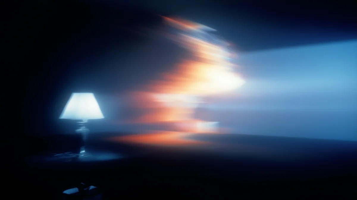Glowing lamp casting warm orange light against cool blue abstract streaks in darkness