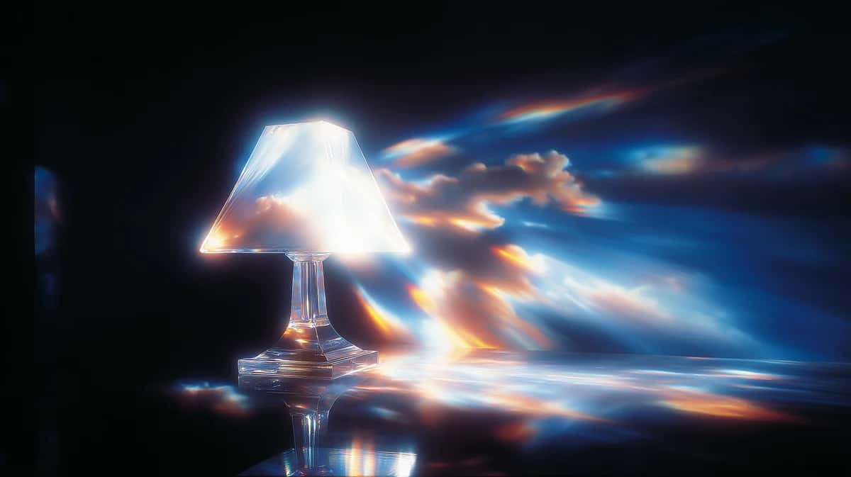 Glowing desk lamp with blue and orange light streams flowing dynamically across dark background