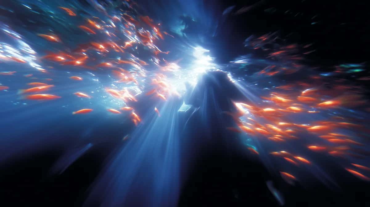 Underwater view toward the surface with sun rays, drifting blue light and orange fish