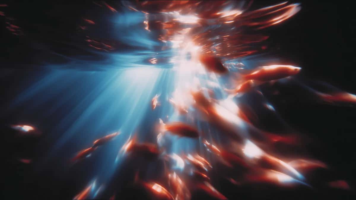 Abstract energy burst with blue and orange light rays exploding outward against black background