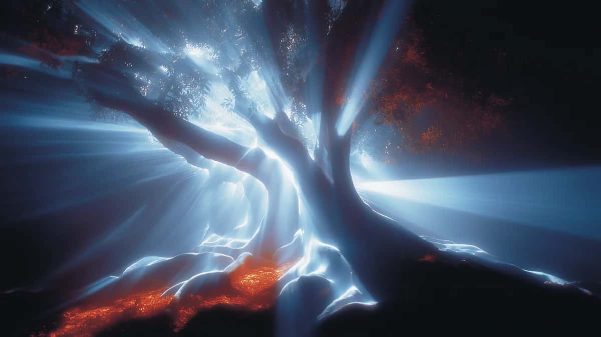 Abstract energy vortex with blue and orange light rays converging in center