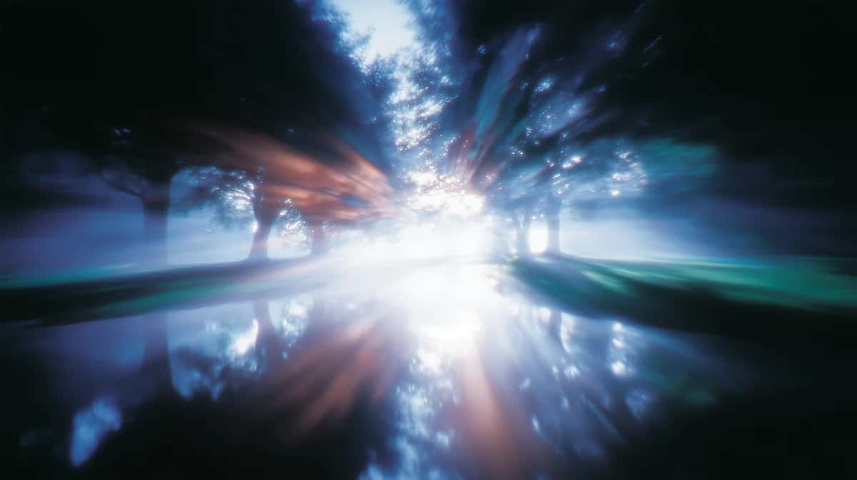 Radiant light burst with blue and orange rays converging through cloudy atmosphere, symmetrical composition