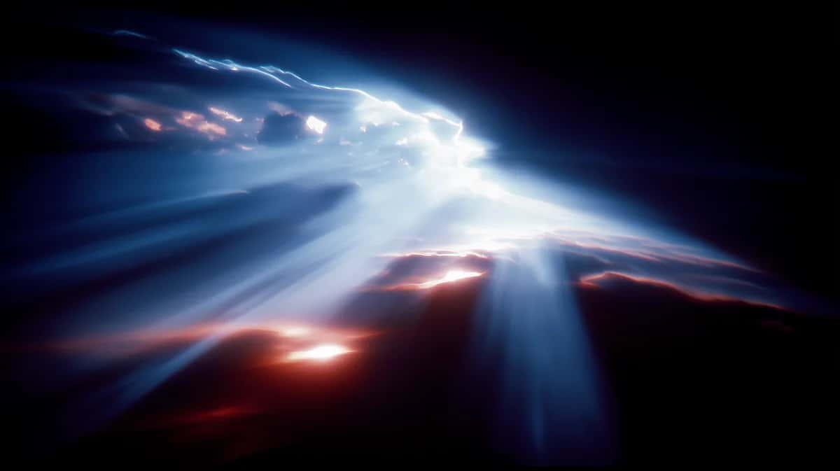 Dramatic light rays piercing dark clouds, golden and blue luminescence, heavenly atmospheric composition
