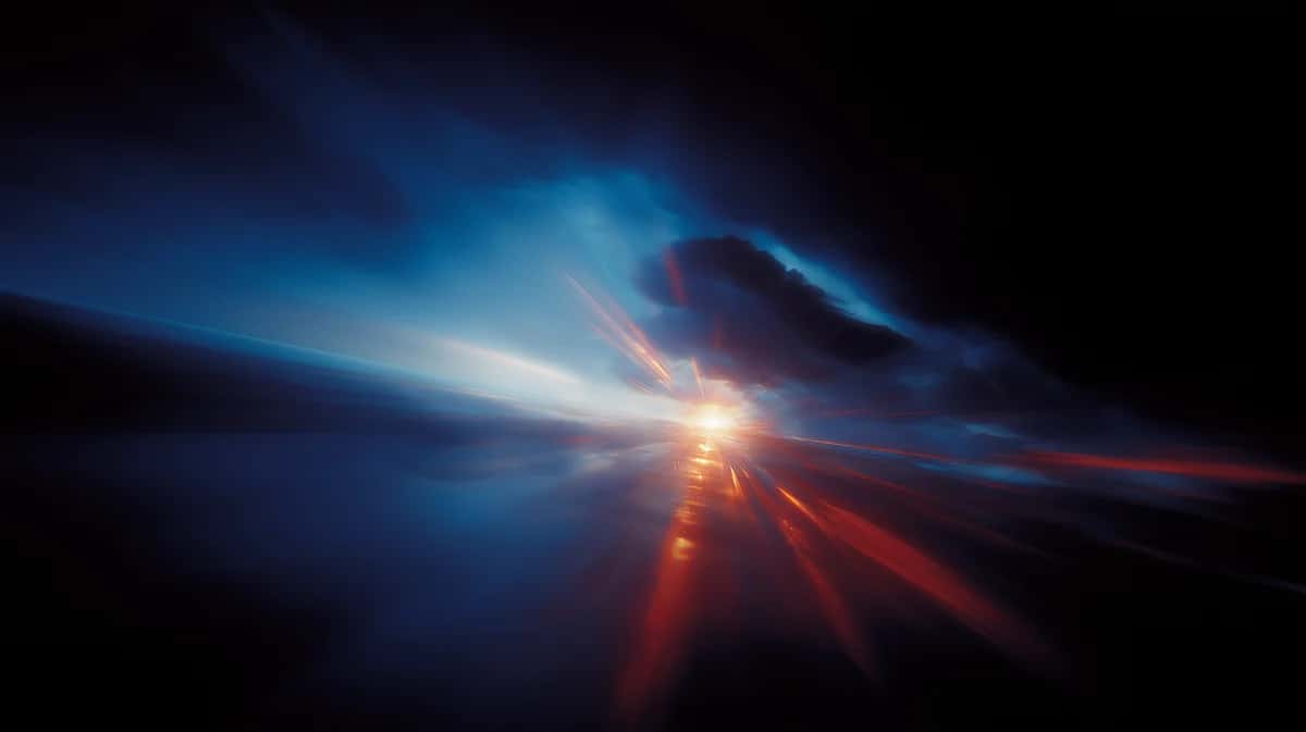 Abstract light burst with blue and red-orange rays radiating from a bright horizon point