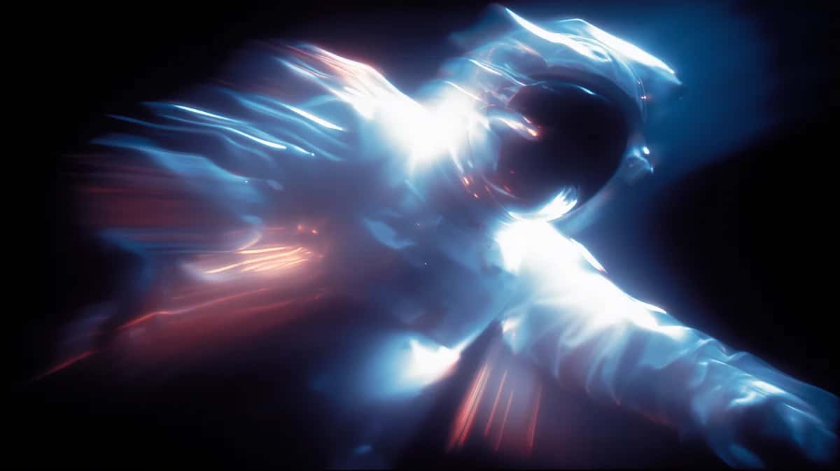 Abstract light burst with blue, white, and red energy rays on dark background