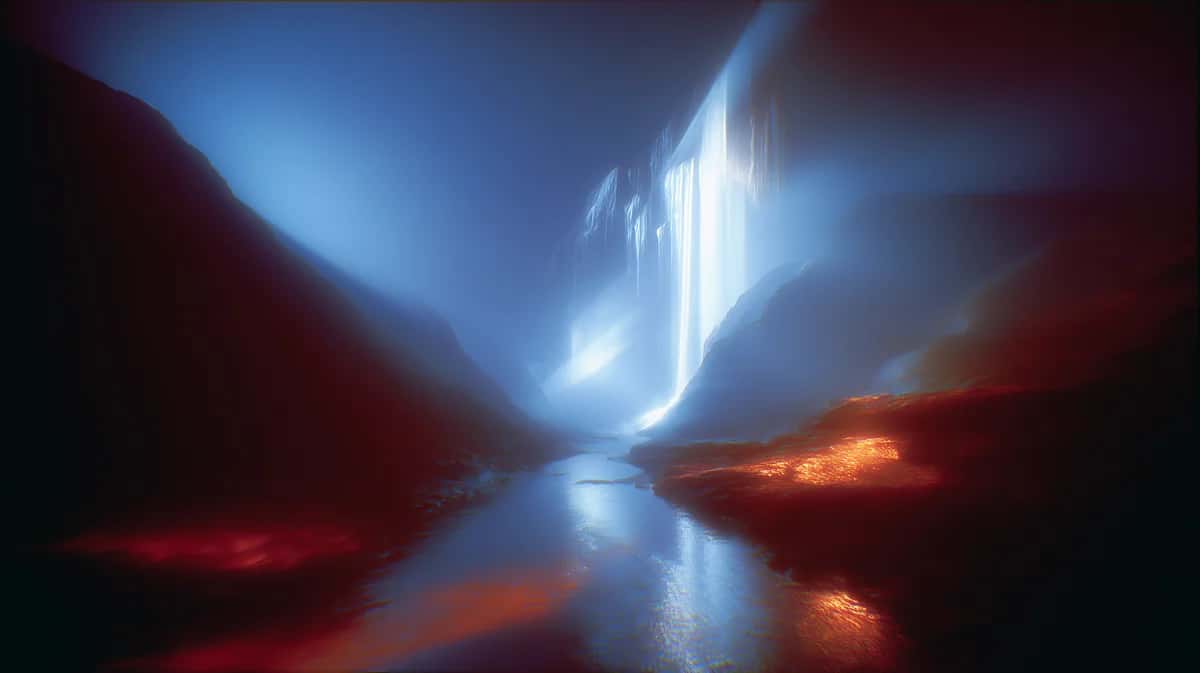 Abstract light tunnel with blue and orange glowing geometric forms reflecting in dark water