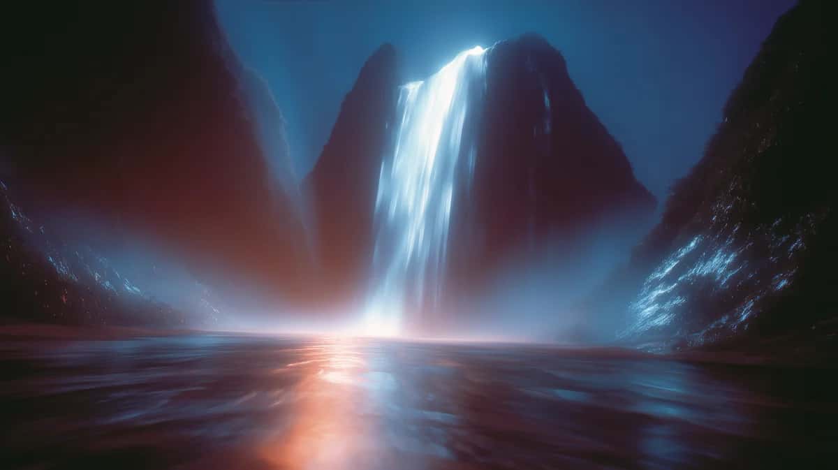 Glowing waterfall plunging between dark cliffs into misty water under deep blue light