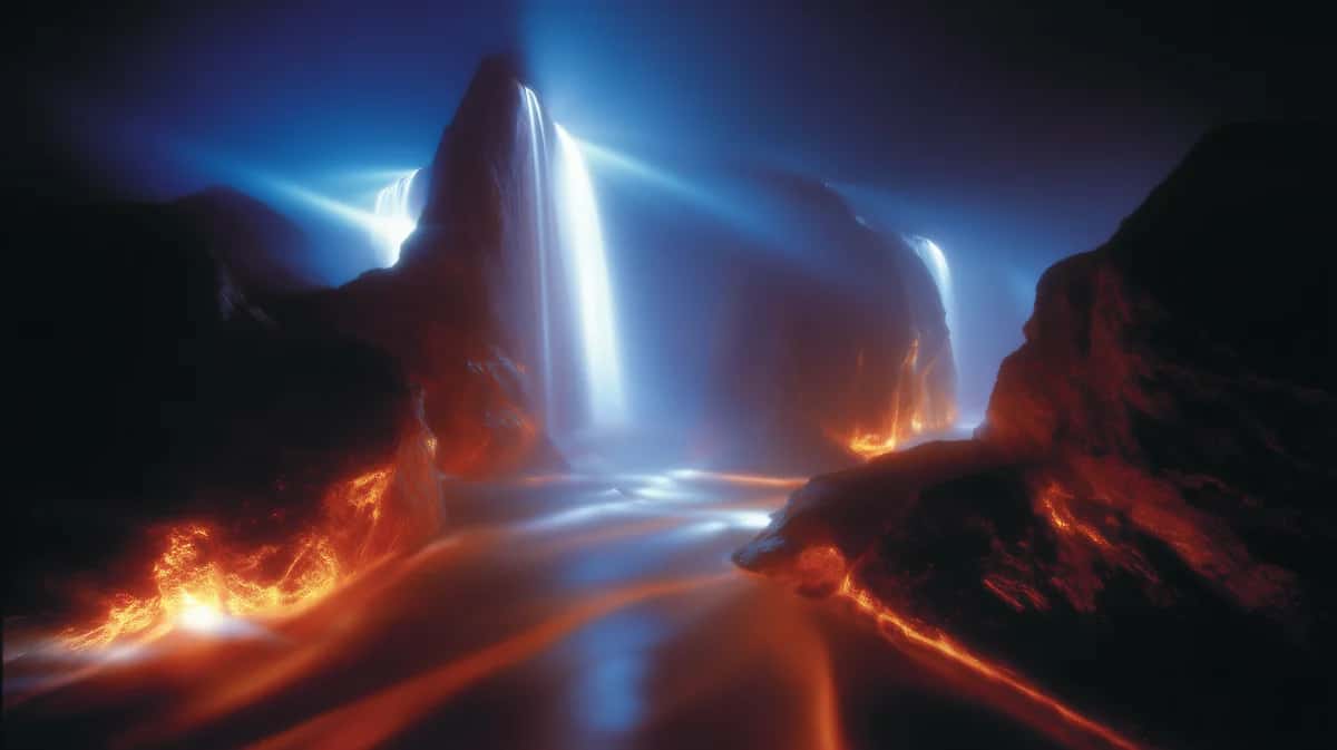 Luminous blue light beam between glowing orange lava formations in dark canyon