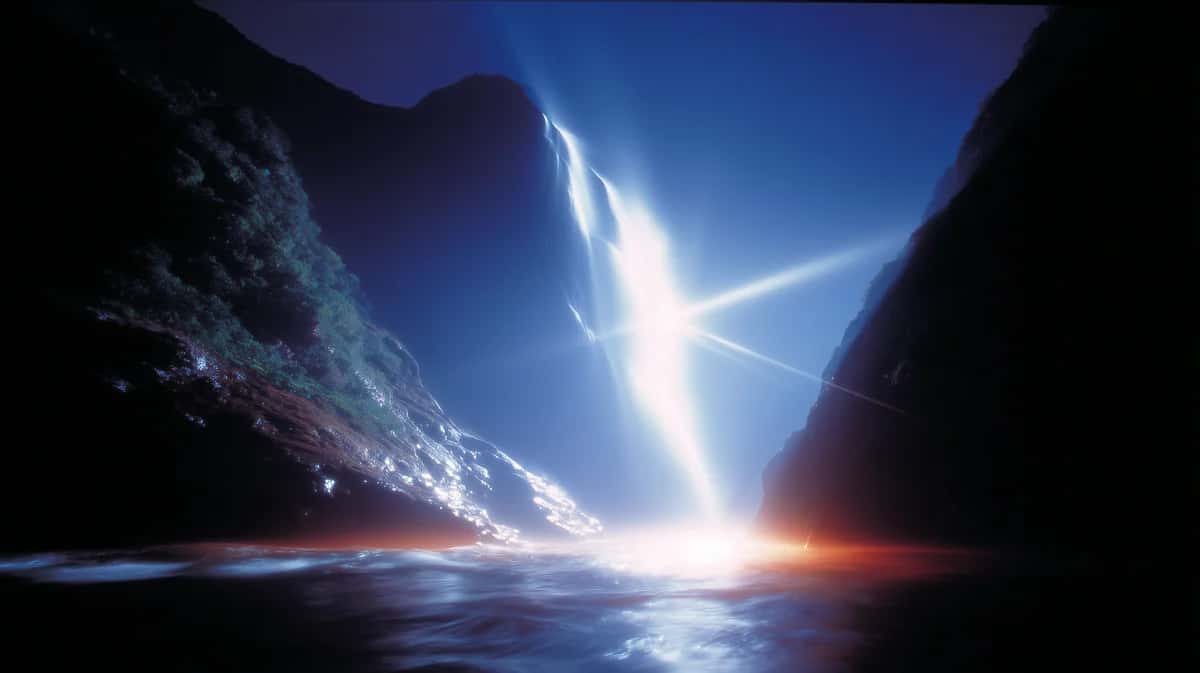 Dramatic canyon landscape with intense blue light beam piercing dark rocky cliffs